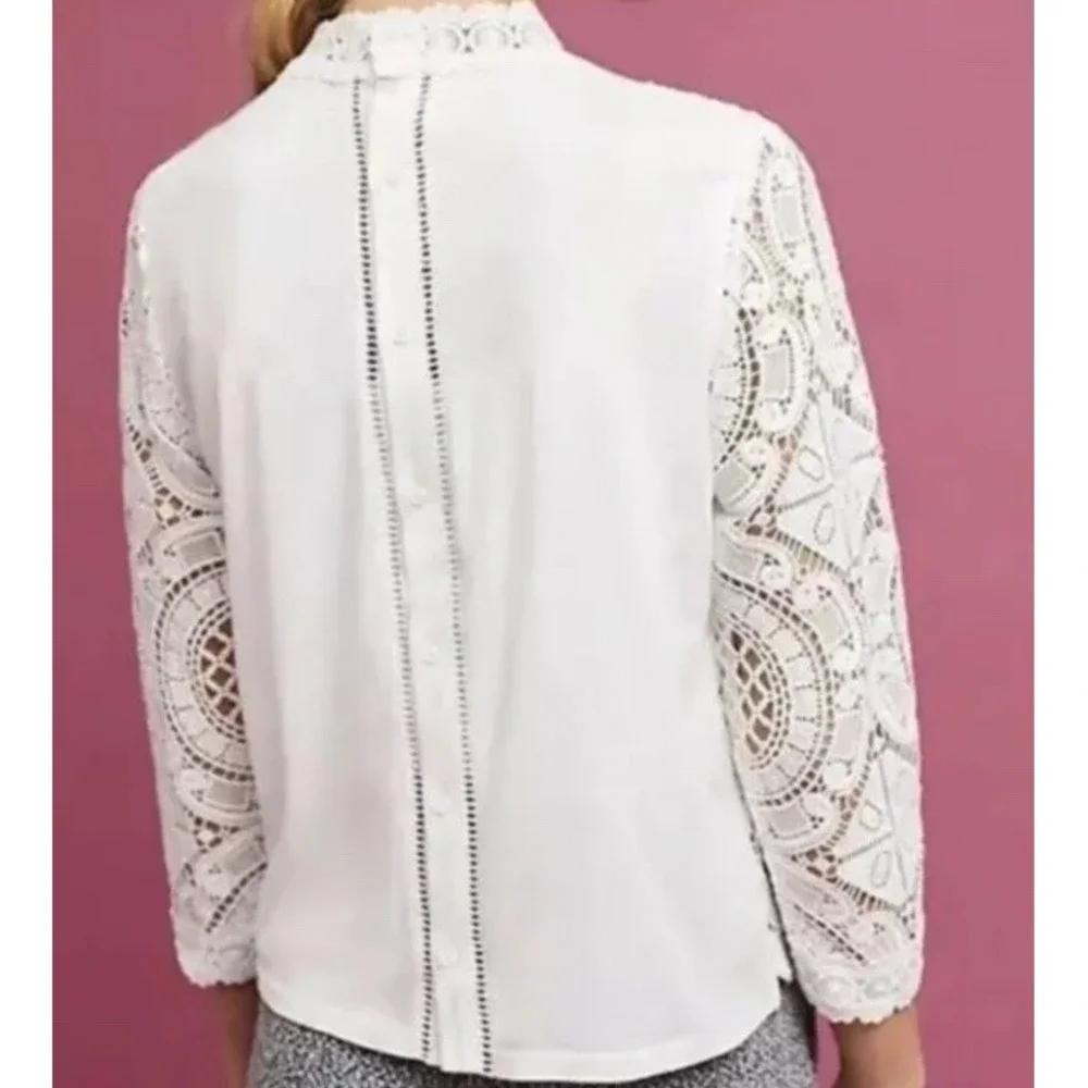 James Coviello Size XS Anthropologie Crochet‎ Lace White Long Sleeve Top